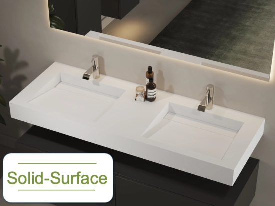Plan vasque Design, fabrication sur mesure, Largeur 120 à 200 cm x Profondeur 40 à 60 cm, résine minérale ACRYSTONE® SOLID-SURFACE Finition lisse blanc mate, Livraison Offerte et Rapide.